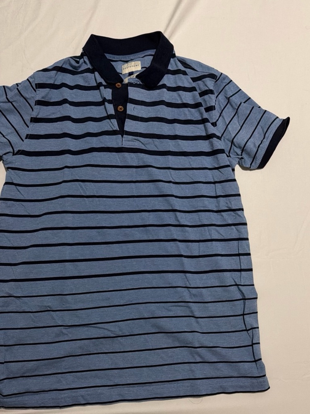 Light Blue Striped Polo with Navy Trim - Men's Casual Short Sleeve